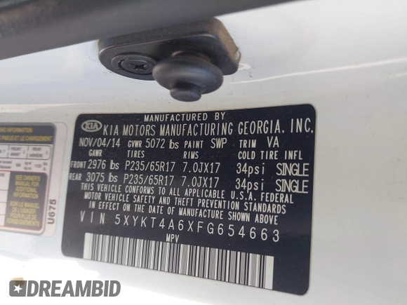 2015 Kia Sorento LX with VIN 5XYKT4A6XFG654663, listed as a IAAI auction lot 42196806 with 129,296 mi miles and . Bid and sale history available at DreamBid. Image 9.