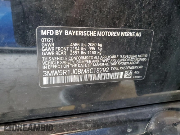 2021 BMW 3 Series 330i с VIN 3MW5R1J08M8C18292, выставлен на аукционе Copart как лот 58181255 с пробегом 73 313 миль миль и Списание • Salvage title. История ставок и продаж доступна на DreamBid. Изображение 12.