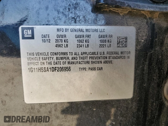 2013 Chevrolet Malibu LTZ with VIN 1G11H5SA1DF206956, listed as a Copart auction lot 50004375 with 93,356 mi miles and Clean Title. Bid and sale history available at DreamBid. Image 12.