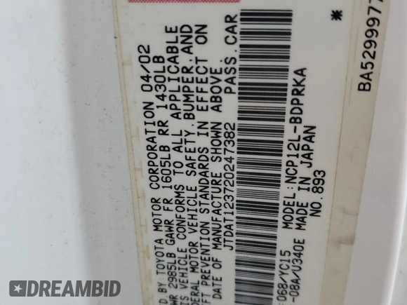 2002 Toyota ECHO with VIN JTDAT123720247382, listed as a Copart auction lot 66388584 with 233,892 mi miles and Salvage title. Bid and sale history available at DreamBid. Image 12.