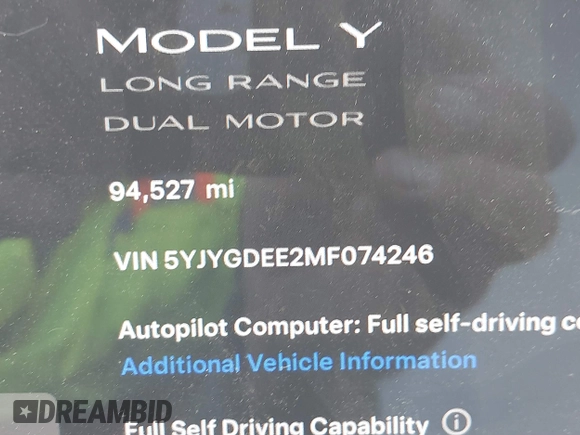 2021 Tesla Model Y Long Range with VIN 5YJYGDEE2MF074246, listed as a IAAI auction lot 40456971 with 94,527 mi miles. Bid and sale history available at carsss.com. Image 15.