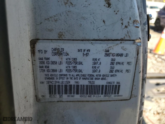 1997 Dodge Ram 1500 with VIN 1B7HC13Y4VJ611524, listed as a Copart auction lot 85690664 with 271,039 mi miles and Salvage Title. Bid and sale history available at carsss.com. Image 12.