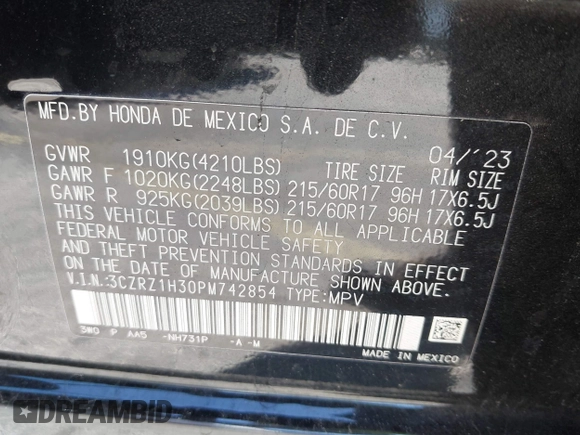 2023 Honda HR-V LX with VIN 3CZRZ1H30PM742854, listed as a IAAI auction lot 41672853 with 30,048 mi miles and . Bid and sale history available at DreamBid. Image 9.