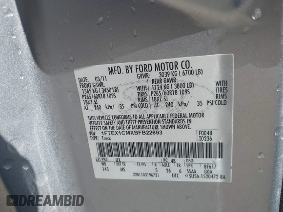 2011 Ford F-150 XL with VIN 1FTEX1CMXBFB22693, listed as a IAAI auction lot 41755565 with 123,982 mi miles. Bid and sale history available at carsss.com. Image 9.