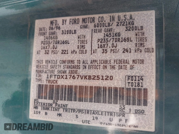 1997 Ford F-150 с VIN 1FTDX1767VKB25120, выставлен на аукционе IAAI как лот 42471027 с пробегом 155 877 миль миль и . История ставок и продаж доступна на DreamBid. Изображение 9.