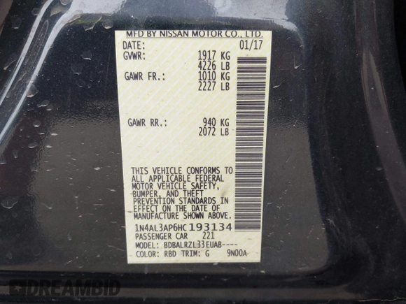 2017 Nissan Altima SL z VIN 1N4AL3AP6HC193134, wystawiony jako IAAI lot #42287276 z przebiegiem 97 296 mil mil oraz . Historia ofert i sprzedaży dostępna na DreamBid. Obrazek 9.