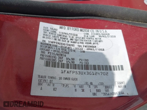 2003 Ford Taurus SE Standard with VIN 1FAFP53UX3G124702, listed as a IAAI auction lot 42463606 with 129,874 mi miles and . Bid and sale history available at DreamBid. Image 9.