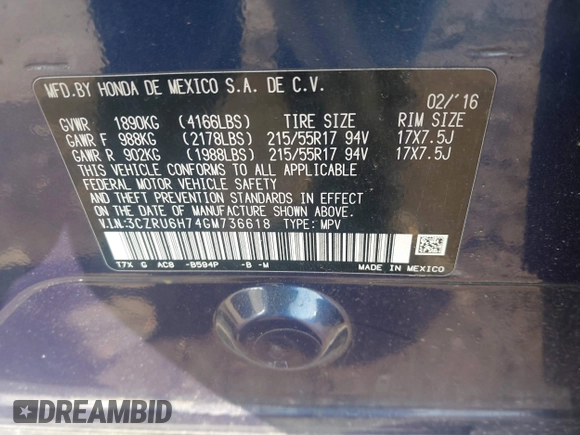 2016 Honda HR-V EX-L w/Navi with VIN 3CZRU6H74GM736618, listed as a IAAI auction lot 41735309 with 57,530 mi miles. Bid and sale history available at carsss.com. Image 9.