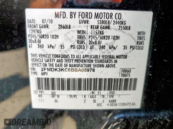 2011 Ford Edge Limited with VIN 2FMDK3KC6BBA05978, listed as a Copart auction lot 59357395 with 106,167 mi miles and Salvage title. Bid and sale history available at DreamBid. Image 14.