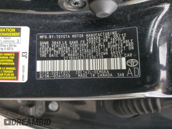 2012 Toyota Corolla L with VIN 2T1BU4EE2CC896739, listed as a Copart auction lot 51817525 with 88,227 mi miles and Salvage Title. Bid and sale history available at carsss.com. Image 12.