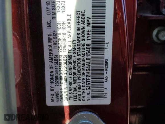 2010 Honda Accord Crosstour EX-L with VIN 5J6TF2H54AL015408, listed as a Copart auction lot 76682974 with 128,360 mi miles and Salvage Title. Bid and sale history available at carsss.com. Image 13.