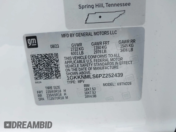 2023 GMC Acadia SLT with VIN 1GKKNMLS6PZ252439, listed as a IAAI auction lot 41277272 with 17,727 mi miles and . Bid and sale history available at DreamBid. Image 9.