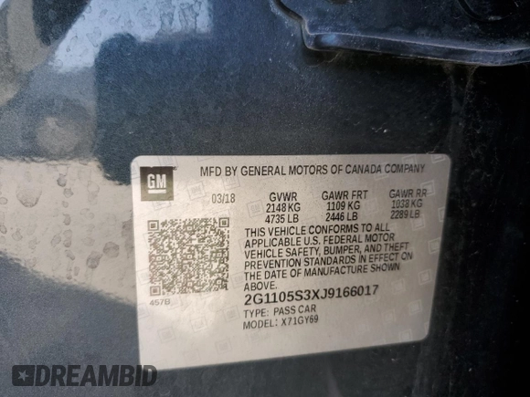 2018 Chevrolet Impala LT z VIN 2G1105S3XJ9166017, wystawiony jako Copart lot #50357715 z przebiegiem 94 861 mil mil oraz Czysty tytuł • Clean title. Historia ofert i sprzedaży dostępna na DreamBid. Obrazek 12.