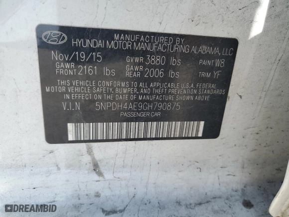 2016 Hyundai Elantra SE with VIN 5NPDH4AE9GH790875, listed as a Copart auction lot 52036105 with 86,760 mi miles and Salvage Title. Bid and sale history available at carsss.com. Image 12.