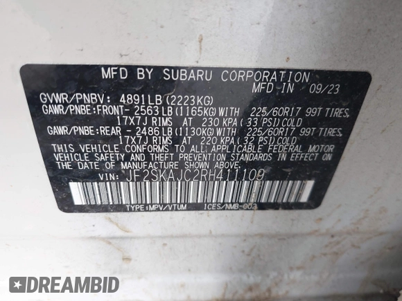 2024 Subaru Forester Wilderness with VIN JF2SKAJC2RH411109, listed as a IAAI auction lot 41567401 with 24,197 mi miles. Bid and sale history available at carsss.com. Image 9.