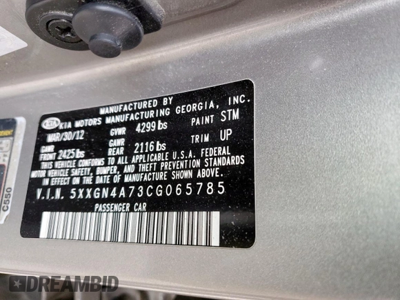 2012 Kia Optima EX with VIN 5XXGN4A73CG065785, listed as a Copart auction lot 47655715 with Not Provided miles and Salvage Title. Bid and sale history available at carsss.com. Image 15.