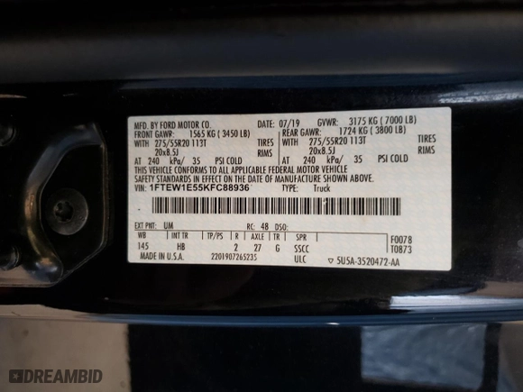 2019 Ford F-150 XL with VIN 1FTEW1E55KFC88936, listed as a Copart auction lot 49652185 with 100,374 mi miles and Clean Title. Bid and sale history available at carsss.com. Image 12.