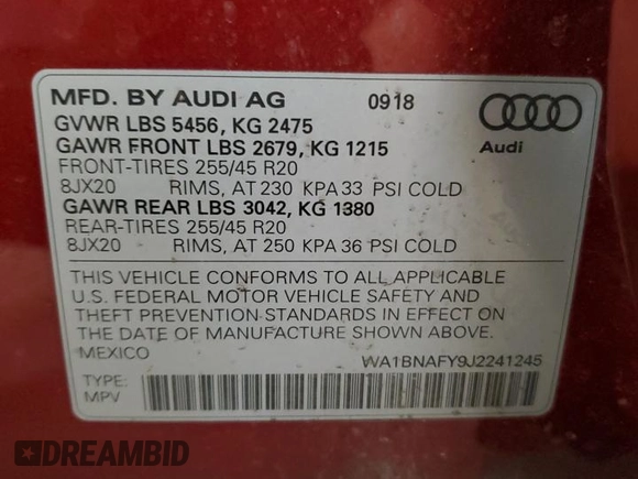 2018 Audi Q5 Premium Plus with VIN WA1BNAFY9J2241245, listed as a Copart auction lot 60152755 with 70,352 mi miles and Salvage title. Bid and sale history available at DreamBid. Image 13.