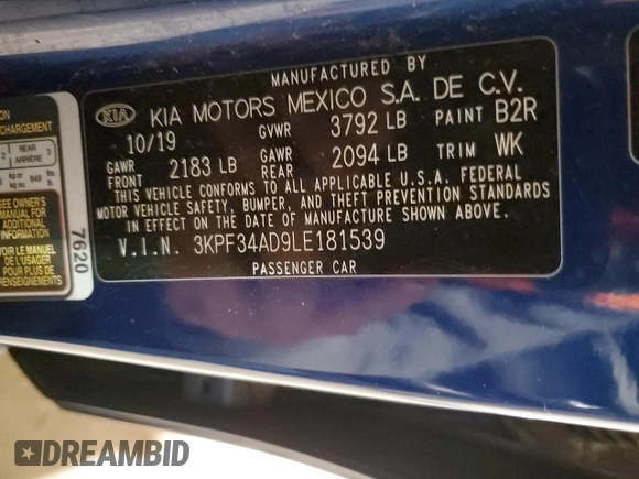2020 Kia Forte GT-Line with VIN 3KPF34AD9LE181539, listed as a Copart auction lot 46827965 with 86,604 mi miles and Salvage Title. Bid and sale history available at carsss.com. Image 14.