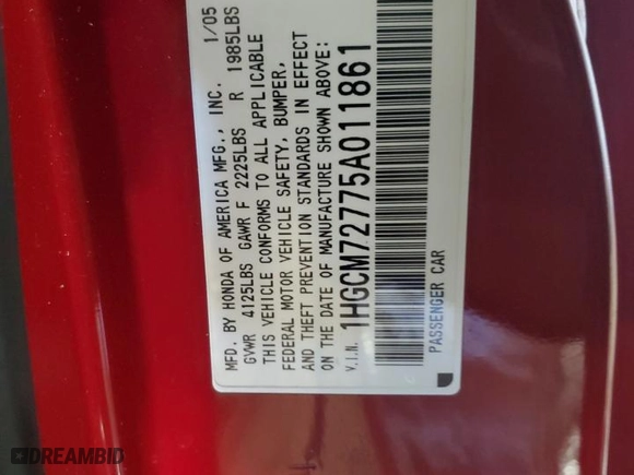 2005 Honda Accord Cpe EX with VIN 1HGCM72775A011861, listed as a Copart auction lot 89004275 with NaN miles and Salvage Title. Bid and sale history available at carsss.com. Image 12.