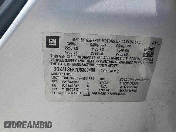 2013 GMC Terrain SLE with VIN 2GKALSEK7D6300489, listed as a Copart auction lot 63619445 with 126,679 mi miles and Salvage title. Bid and sale history available at DreamBid. Image 13.