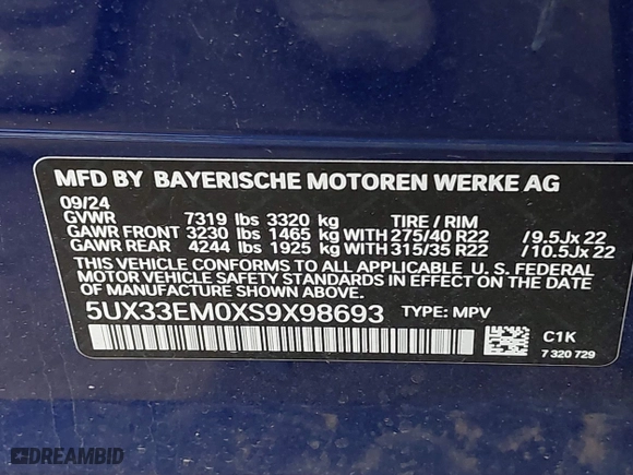 2025 BMW X7 M60i with VIN 5UX33EM0XS9X98693, listed as a IAAI auction lot 41009705 with 2,814 mi miles. Bid and sale history available at carsss.com. Image 9.
