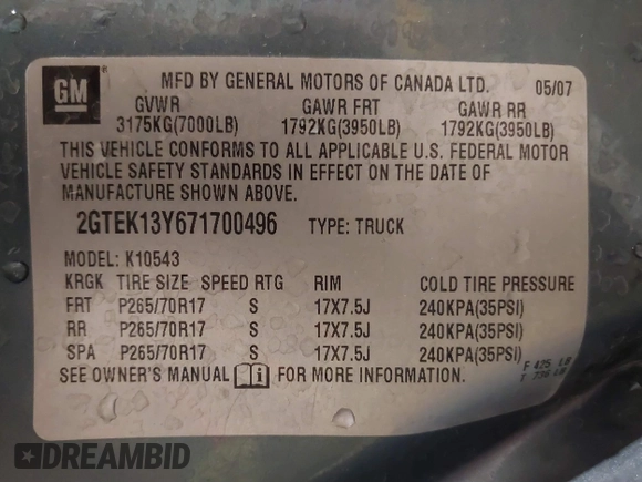 2007 GMC Sierra 1500 with VIN 2GTEK13Y671700496, listed as a IAAI auction lot 41233730 with 225,186 mi miles and . Bid and sale history available at DreamBid. Image 9.