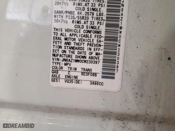 2012 Nissan Murano SV with VIN JN8AZ1MW0CW230397, listed as a Copart auction lot 45911335 with 148,416 mi miles and Salvage Title. Bid and sale history available at carsss.com. Image 12.