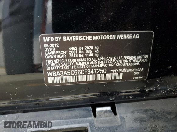 2012 BMW 3 Series 328i with VIN WBA3A5C56CF347250, listed as a Copart auction lot 50598665 with 134,361 mi miles and Salvage title. Bid and sale history available at DreamBid. Image 14.