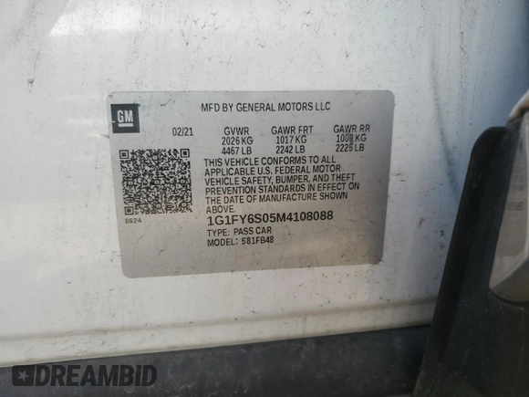 2021 Chevrolet Bolt EV LT with VIN 1G1FY6S05M4108088, listed as a Copart auction lot 48867605 with 25,121 mi miles and Salvage title. Bid and sale history available at DreamBid. Image 12.