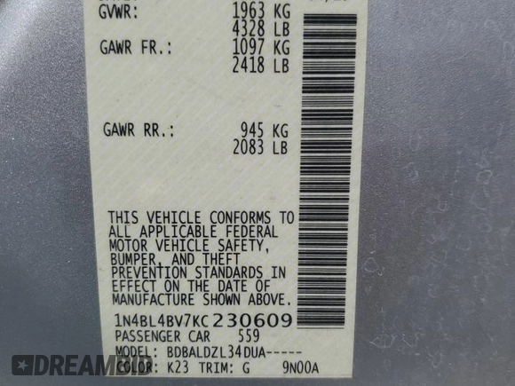 2019 Nissan Altima S with VIN 1N4BL4BV7KC230609, listed as a Copart auction lot 50467775 with 75,148 mi miles and Salvage Title. Bid and sale history available at DreamBid. Image 12.