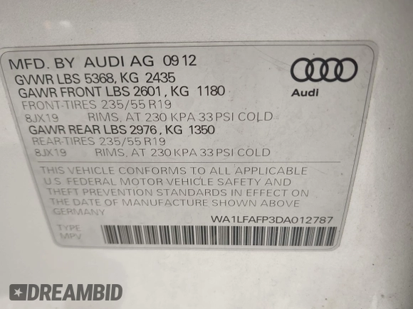 2013 Audi Q5 Premium Plus с VIN WA1LFAFP3DA012787, выставлен на аукционе IAAI как лот 42558345 с пробегом 128 637 миль миль и . История ставок и продаж доступна на DreamBid. Изображение 9.