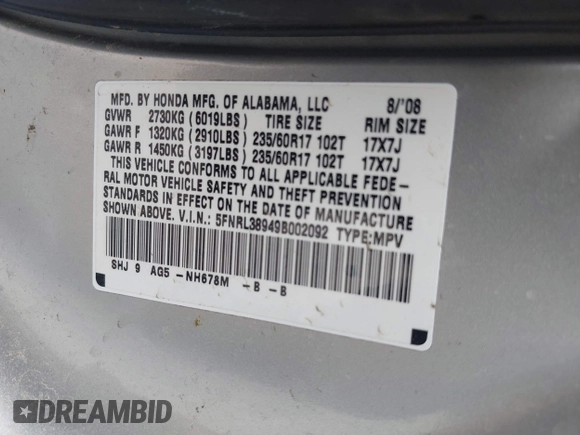 2009 Honda Odyssey Touring z VIN 5FNRL38949B002092, wystawiony jako IAAI lot #42072003 z przebiegiem Nie podano mil oraz . Historia ofert i sprzedaży dostępna na DreamBid. Obrazek 9.