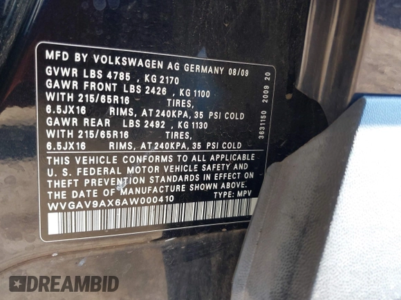 2010 Volkswagen Tiguan with VIN WVGAV9AX6AW000410, listed as a IAAI auction lot 41446852 with 118,728 mi miles and . Bid and sale history available at DreamBid. Image 9.