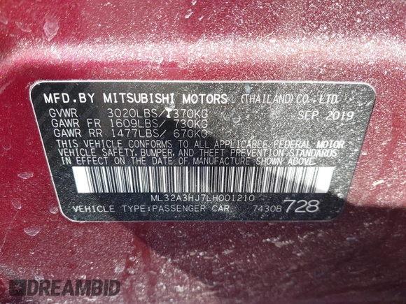 2020 Mitsubishi Mirage ES z VIN ML32A3HJ7LH001210, wystawiony jako IAAI lot #41741117 z przebiegiem 52 697 mil mil oraz . Historia ofert i sprzedaży dostępna na DreamBid. Obrazek 9.