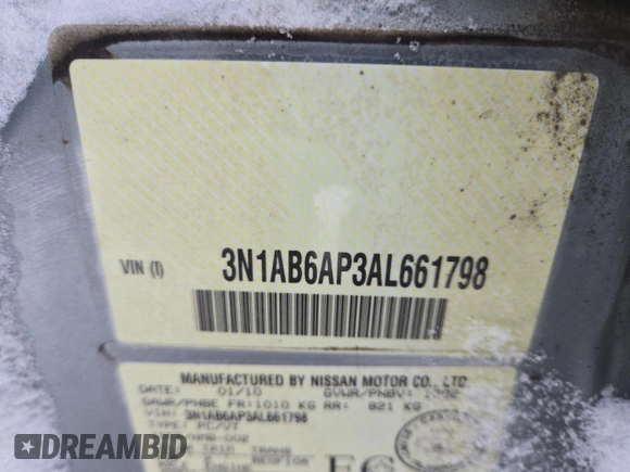 2010 Nissan Sentra S with VIN 3N1AB6AP3AL661798, listed as a Copart auction lot 46139395 with 380,054 mi miles and Salvage Title. Bid and sale history available at carsss.com. Image 12.