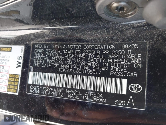 2005 Toyota Prius with VIN JTDKB20U853108017, listed as a IAAI auction lot 41848827 with 218,742 mi miles. Bid and sale history available at carsss.com. Image 9.