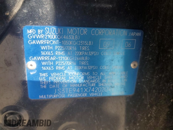 2007 Suzuki Grand Vitara z VIN JS3TE941X74202046, wystawiony jako Copart lot #80221394 z przebiegiem 153 791 mil mil oraz Szkoda całkowita • Salvage title. Historia ofert i sprzedaży dostępna na DreamBid. Obrazek 13.