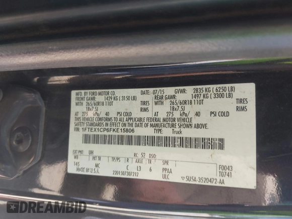 2015 Ford F-150 XL with VIN 1FTEX1CP6FKE15806, listed as a IAAI auction lot 42786772 with 265,485 mi miles and . Bid and sale history available at DreamBid. Image 9.