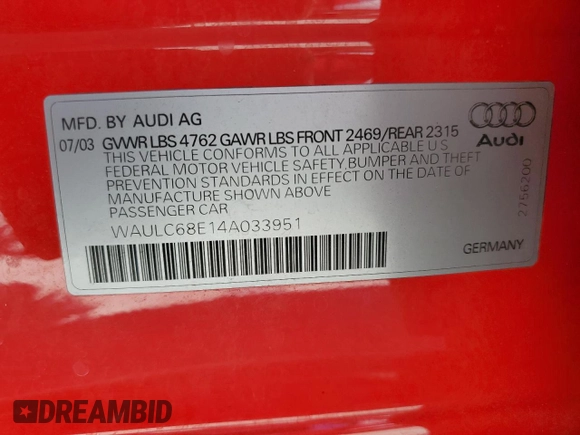2004 Audi A4 1.8T with VIN WAULC68E14A033951, listed as a Copart auction lot 48209235 with 146,436 mi miles and Salvage Title. Bid and sale history available at carsss.com. Image 12.