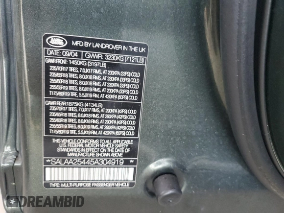 2005 Land Rover LR3 SE z VIN SALAA25445A304919, wystawiony jako Copart lot #74187204 z przebiegiem Nie podano mil oraz Nie do naprawy • Non repairable. Historia ofert i sprzedaży dostępna na DreamBid. Obrazek 14.