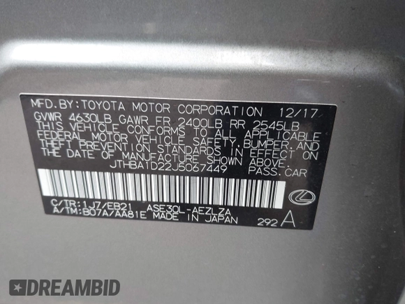 2018 Lexus IS 300 with VIN JTHBA1D22J5067449, listed as a IAAI auction lot 42130603 with 24,312 mi miles and . Bid and sale history available at DreamBid. Image 9.