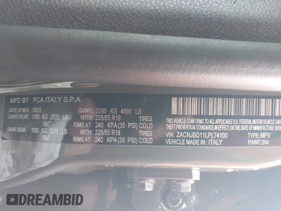 2020 Jeep Renegade Limited with VIN ZACNJBD11LPL74100, listed as a IAAI auction lot 41140117 with 45,067 mi miles and . Bid and sale history available at DreamBid. Image 9.