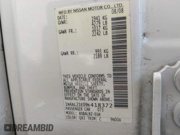 2009 Nissan Altima S with VIN 1N4AL21E09N418372, listed as a IAAI auction lot 41860862 with 131,257 mi miles and . Bid and sale history available at DreamBid. Image 9.