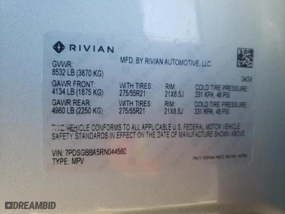 2024 Rivian R1S Adventure with VIN 7PDSGBBA5RN044560, listed as a Copart auction lot 70594924 with 2,449 mi miles and Salvage Title. Bid and sale history available at carsss.com. Image 13.