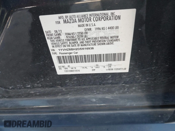 2013 Mazda 6 i Sport with VIN 1YVHZ8BH2D5M16936, listed as a IAAI auction lot 41675168 with 143,008 mi miles. Bid and sale history available at carsss.com. Image 9.