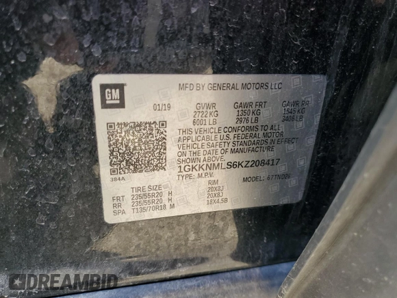 2019 GMC Acadia SLT z VIN 1GKKNMLS6KZ208417, wystawiony jako Copart lot #52945905 z przebiegiem 135 166 mil mil oraz Szkoda całkowita • Salvage title. Historia ofert i sprzedaży dostępna na DreamBid. Obrazek 13.