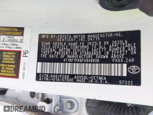 2015 Toyota Camry XLE with VIN 4T1BF1FK6FU948938, listed as a IAAI auction lot 42023487 with 107,232 mi miles. Bid and sale history available at carsss.com. Image 9.