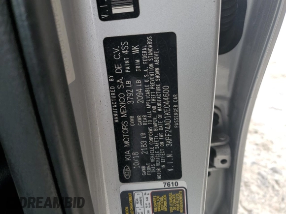 2019 Kia Forte LXS with VIN 3KPF24AD1KE044600, listed as a Copart auction lot 51336655 with 129,625 mi miles and Salvage Title. Bid and sale history available at carsss.com. Image 12.