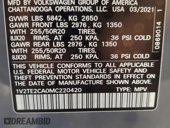 2021 Volkswagen Atlas SEL Premium z VIN 1V2TE2CA0MC220420, wystawiony jako Copart lot #56583215 z przebiegiem 27 662 mil mil oraz Szkoda całkowita • Salvage title. Historia ofert i sprzedaży dostępna na DreamBid. Obrazek 14.